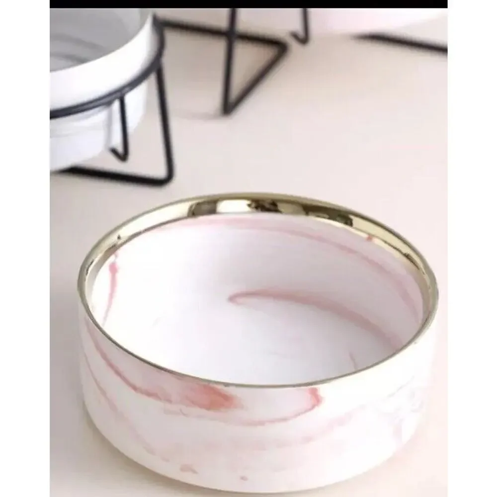 Pink White Marble Swirl Pet Bowl Water Food Dog Ceramic